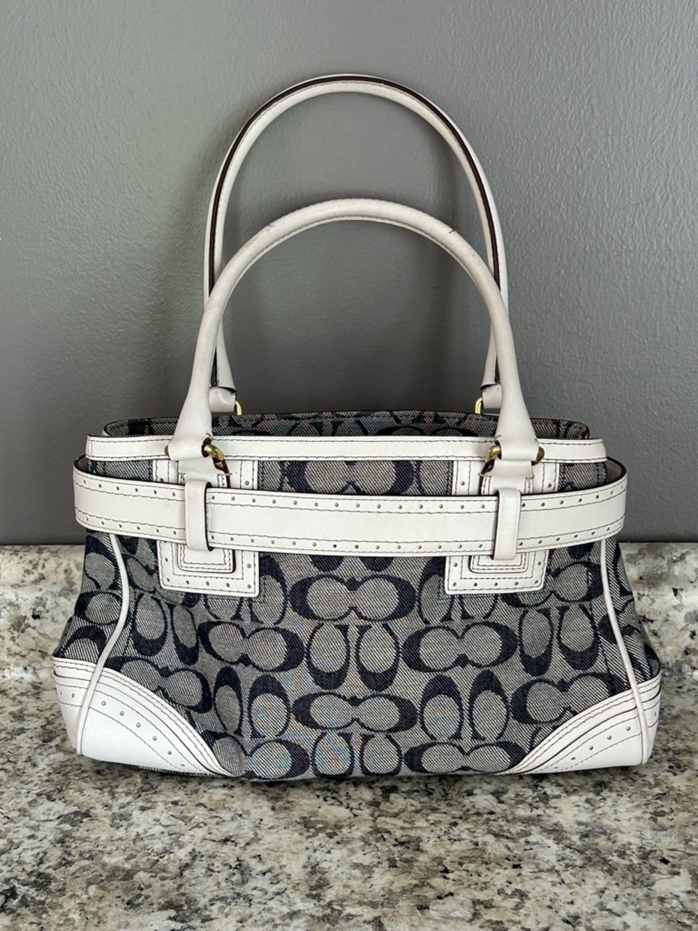 Coach Signature Rare Denim Collection Optic Blue White Hampton Satchel Handbag - Picture 3 of 16